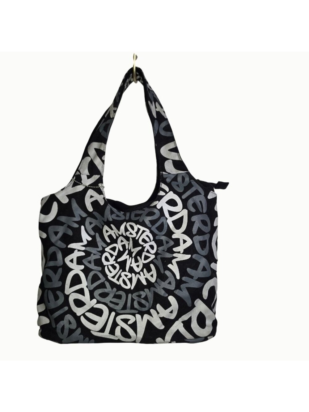 Robin Ruth Amsterdam Canvas Shoulder Bag Black Gray White Graffiti Print Hobo